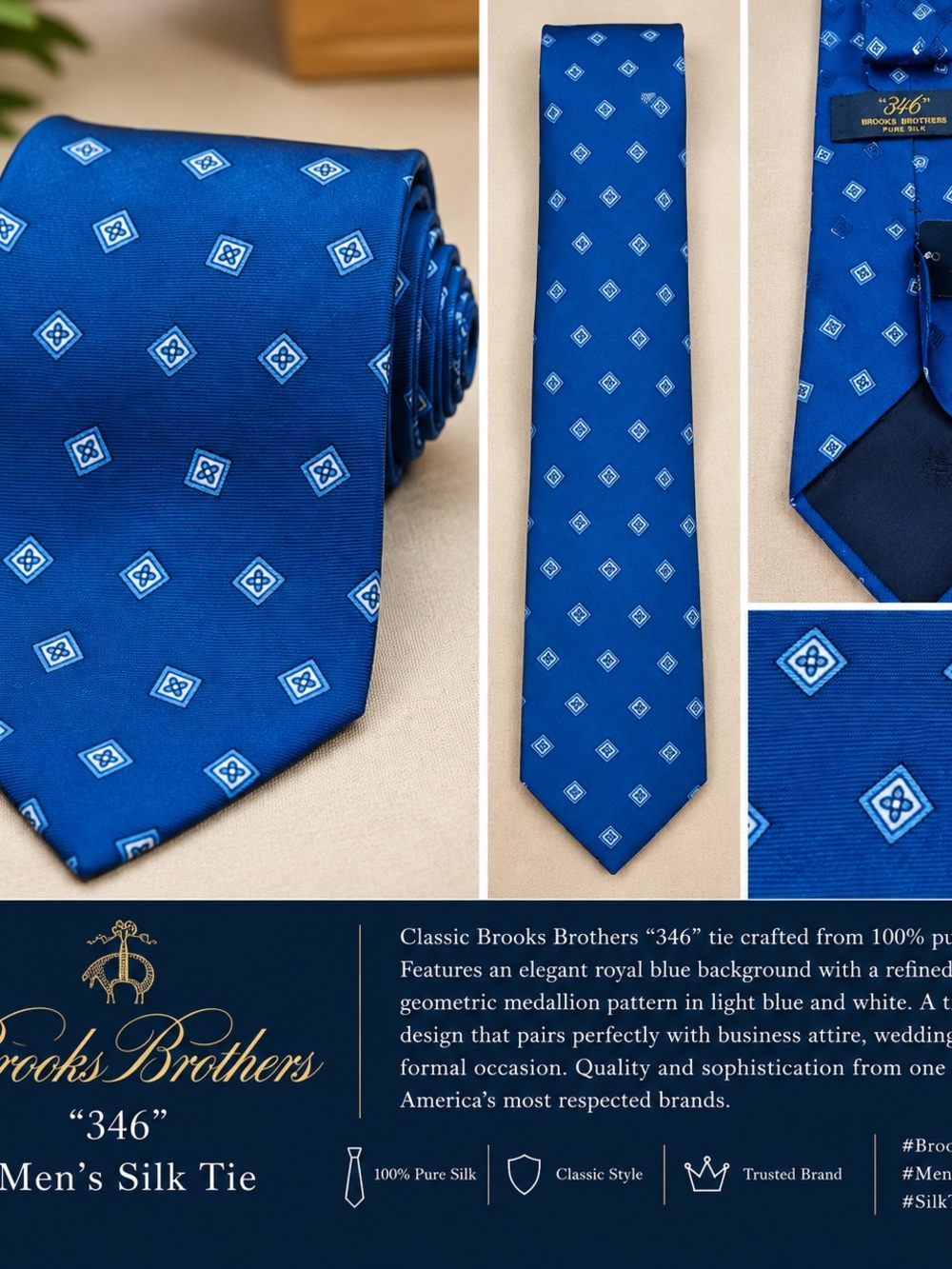 NWT - Brooks Brothers Royal Blue Silk Tie with Light Blue Medallion